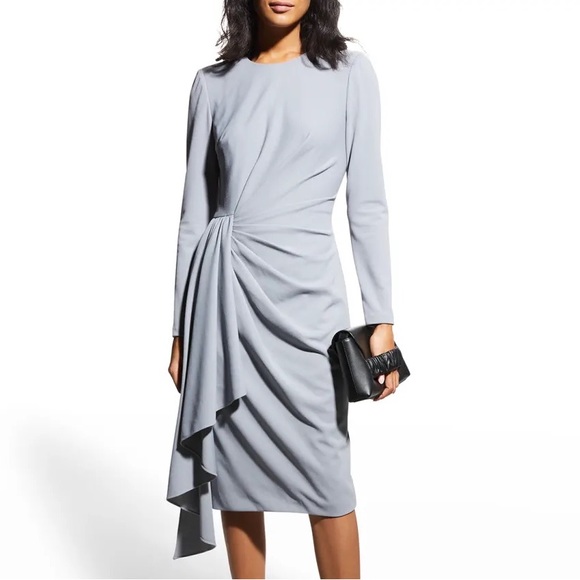 Badgley Mischka Ruched Drape Long Sleeve Dress Gray SOLD OUT Designer - Picture 2 of 4